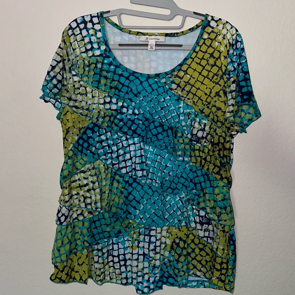JM Collection Layered Blouse Top, Sz Large Green/Black